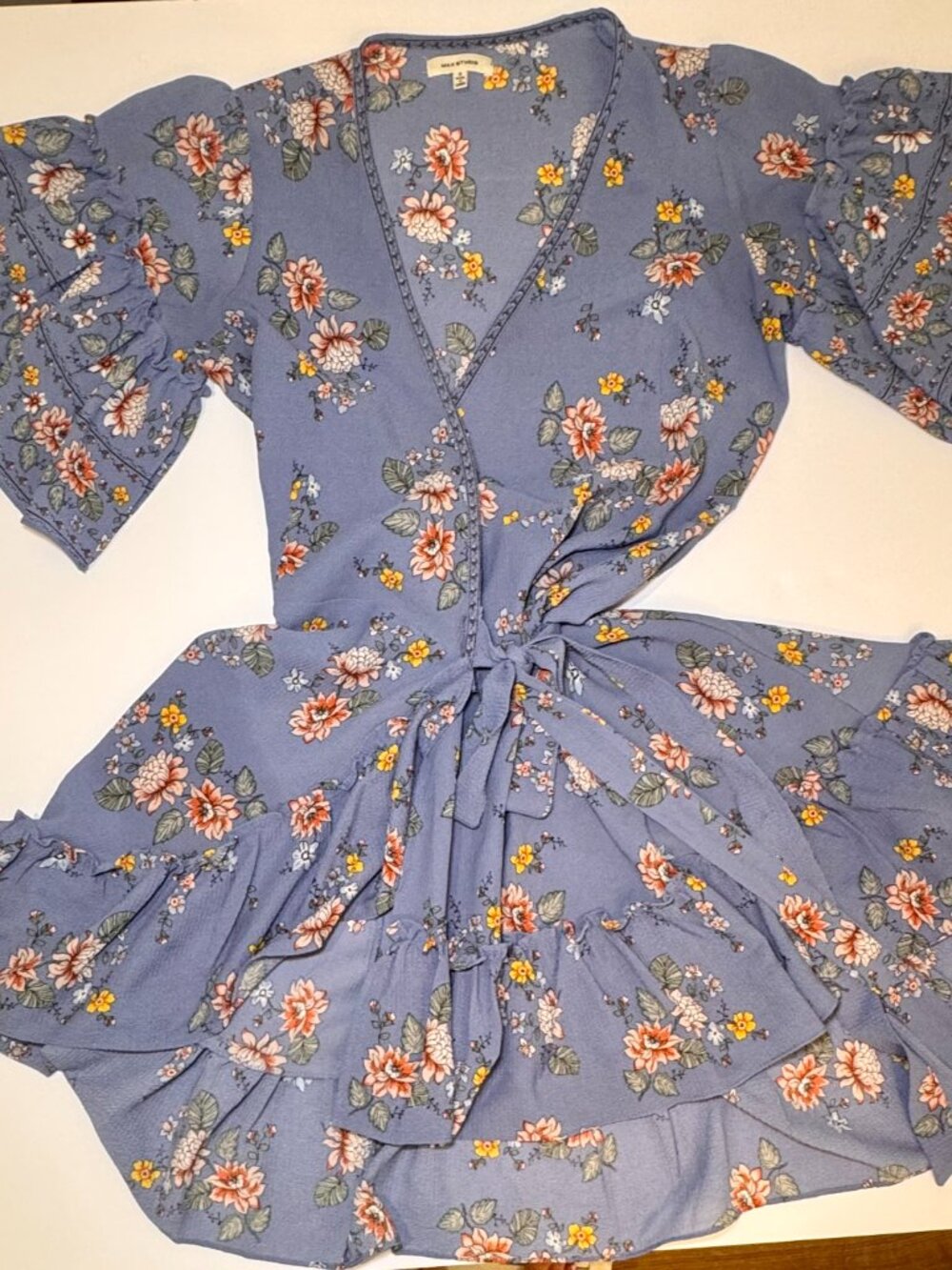 Max Studio Floral Wrap Dress Womens Small V-Neck Short Ruffle Sleeve Cottagecore